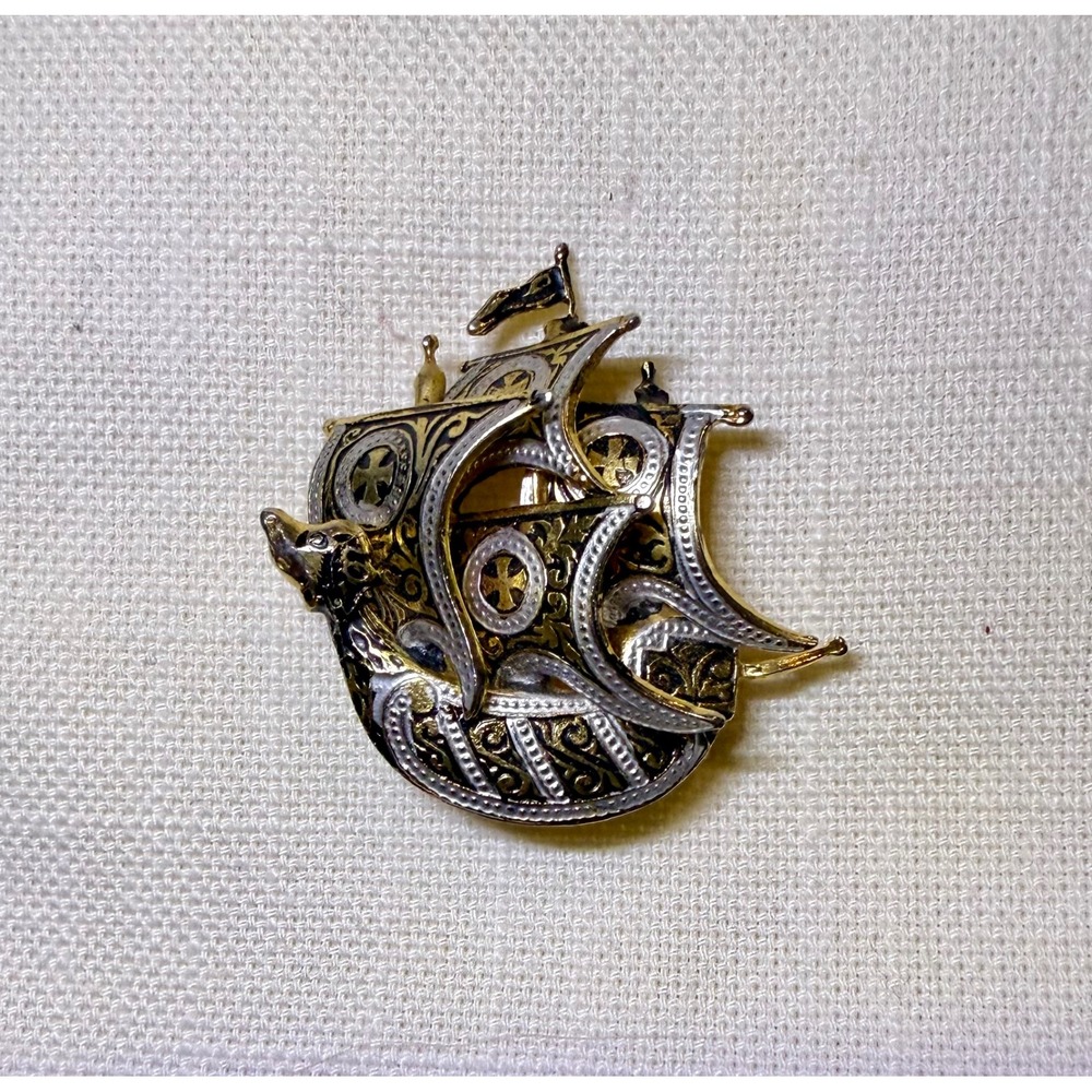 Vintage Spain Two Tone‎ Viking Ship Brooch Pin Nautical Maritime Jewelry